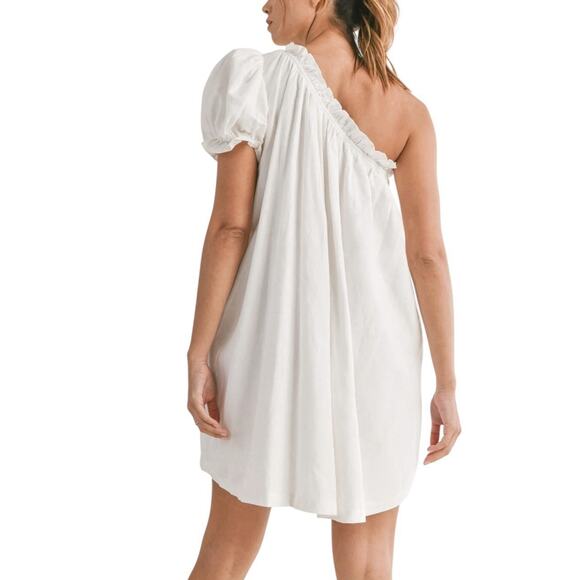 MABLE One Shoulder Puff Sleeve Pastel Blue Romantic Core Linen Blend Dress Sz S - Picture 8 of 12